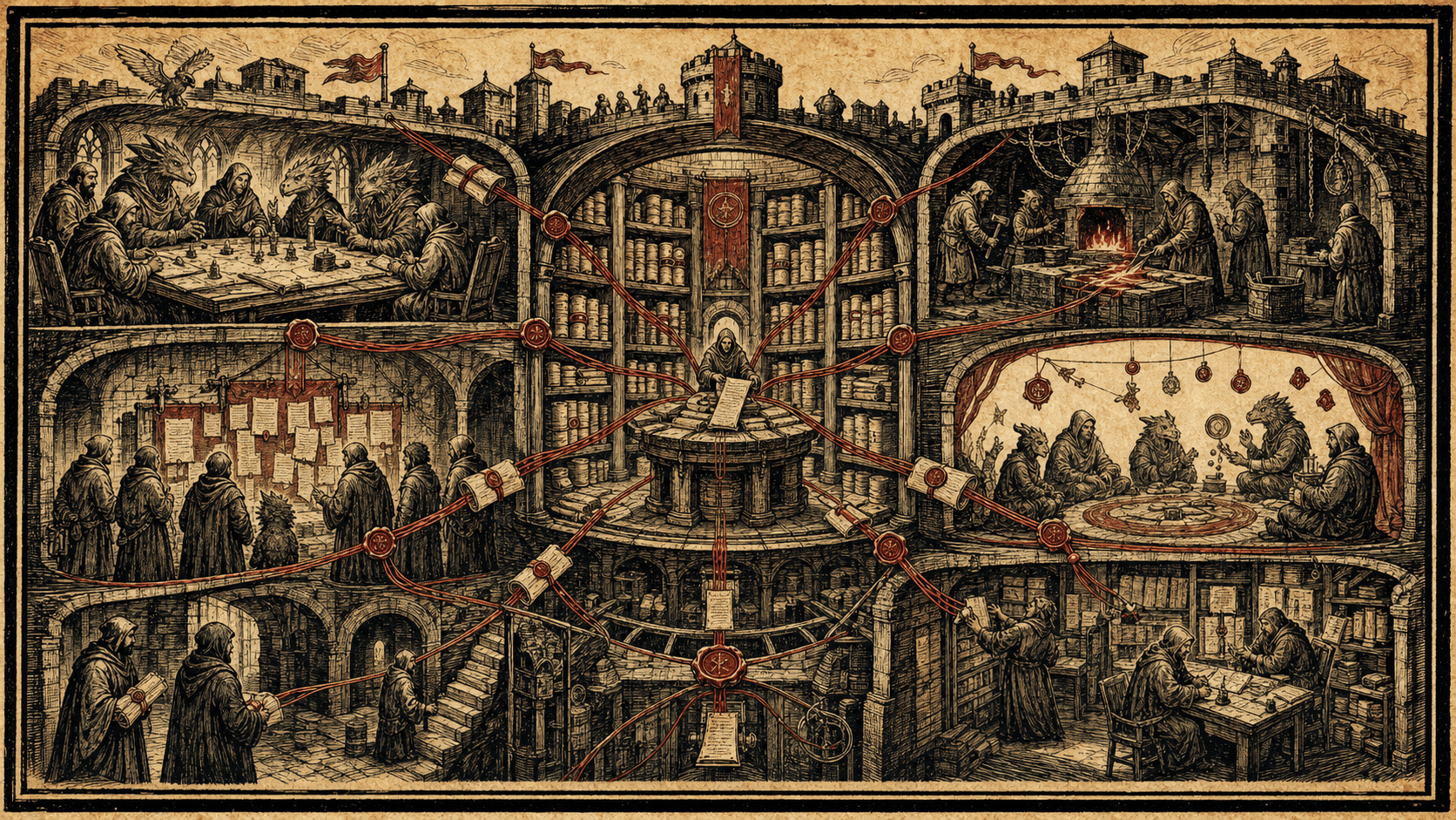 Woodcut guild fortress with builders and agents connected through a central archive by crimson paths.