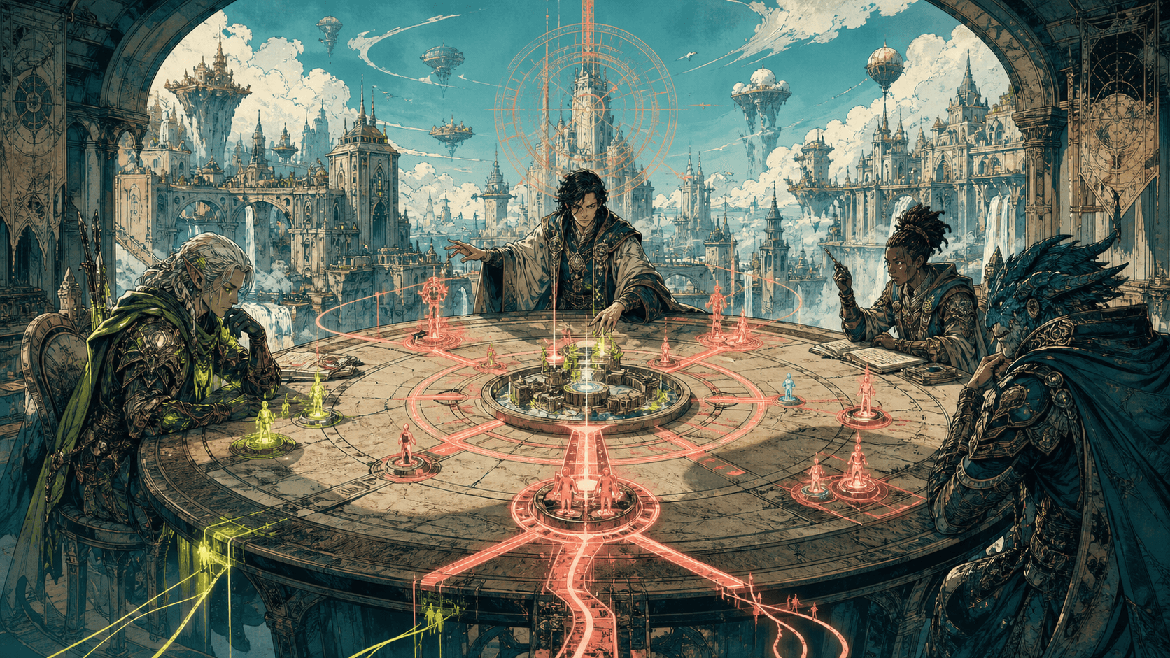A guild game master coordinates distinct agents around a luminous council table and shared decision paths.