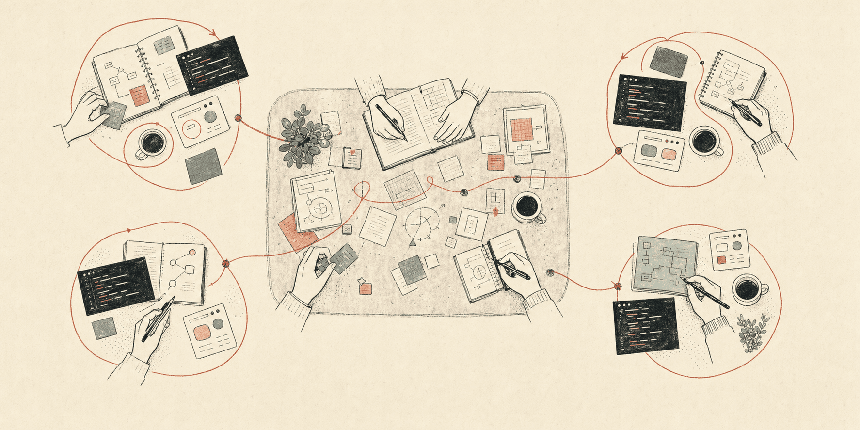 Illustration of a shared builder table splitting into individual agent-assisted work loops, with a thin thread still connecting the collaborators.