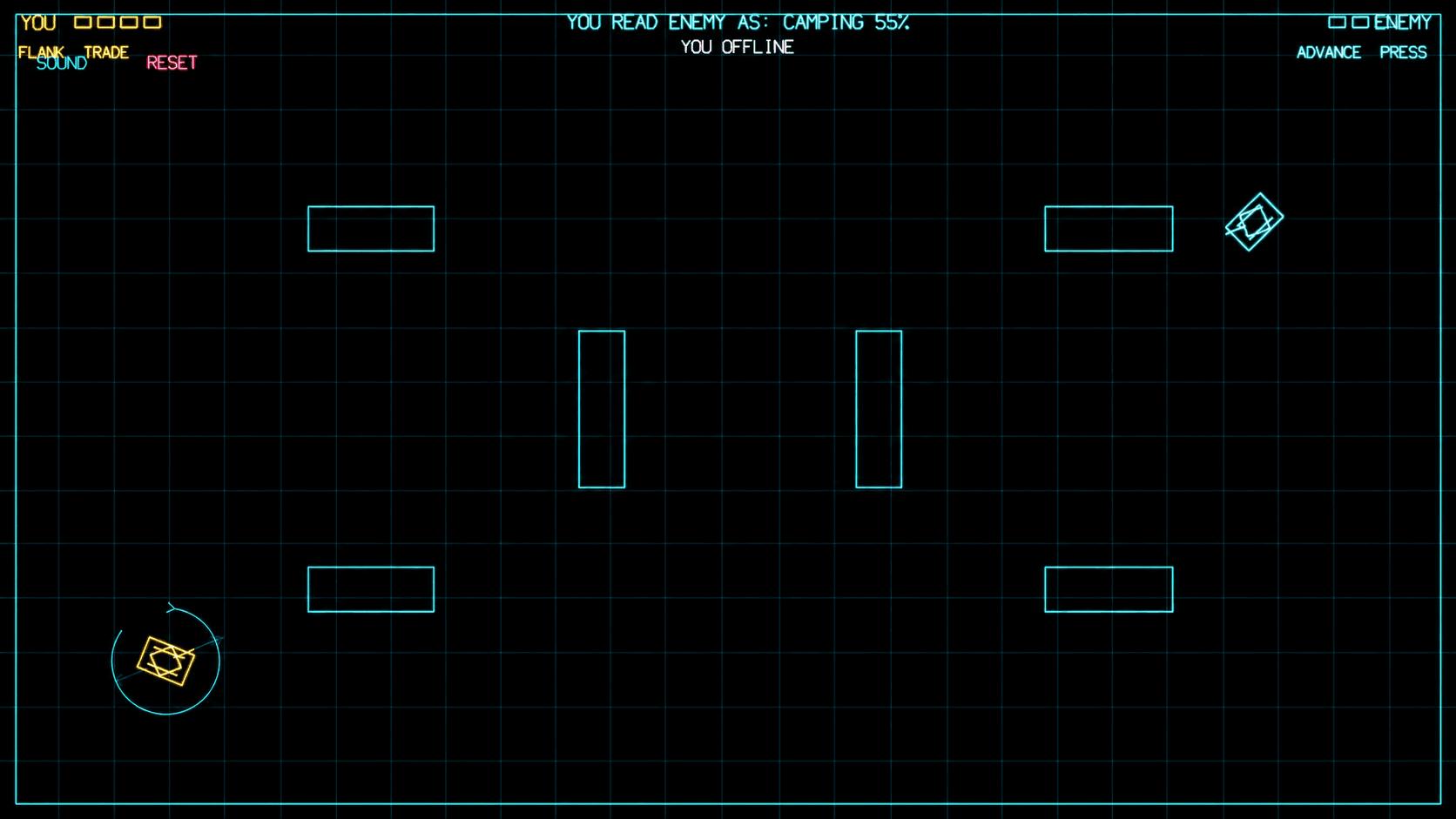 Doctrine tank duel arena showing Jev selecting a maneuver with confidence information while local game mechanics remain visible.