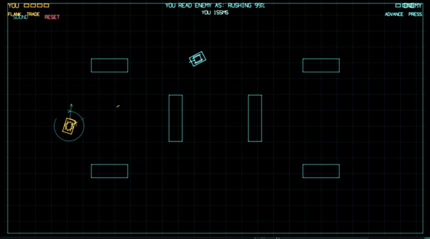 Doctrine tank arena during a live match, with Jev reading the opponent as rushing and maneuver controls visible.