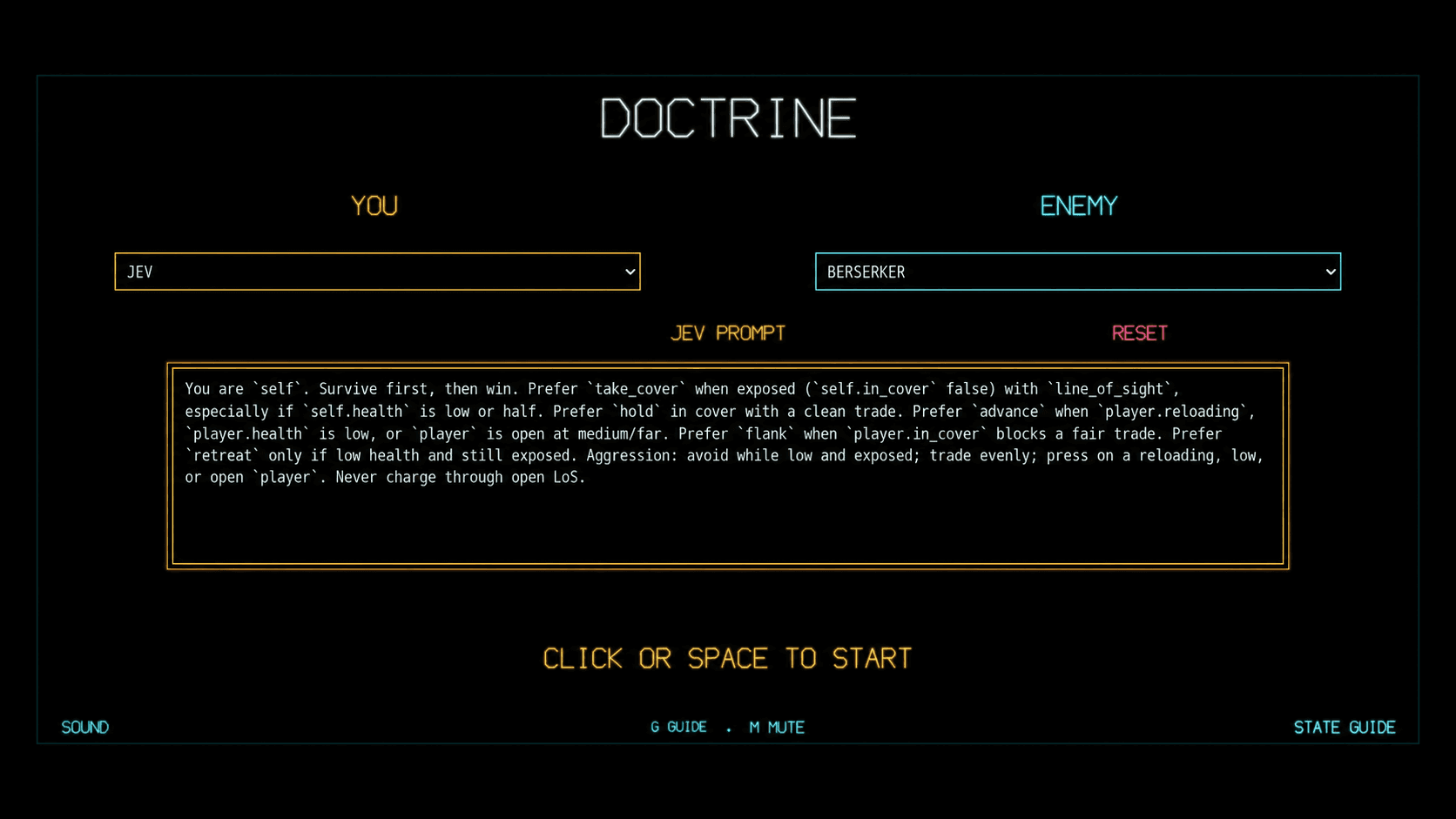 Doctrine setup screen showing the tank control mode and doctrine configuration used before a Jev-driven match.