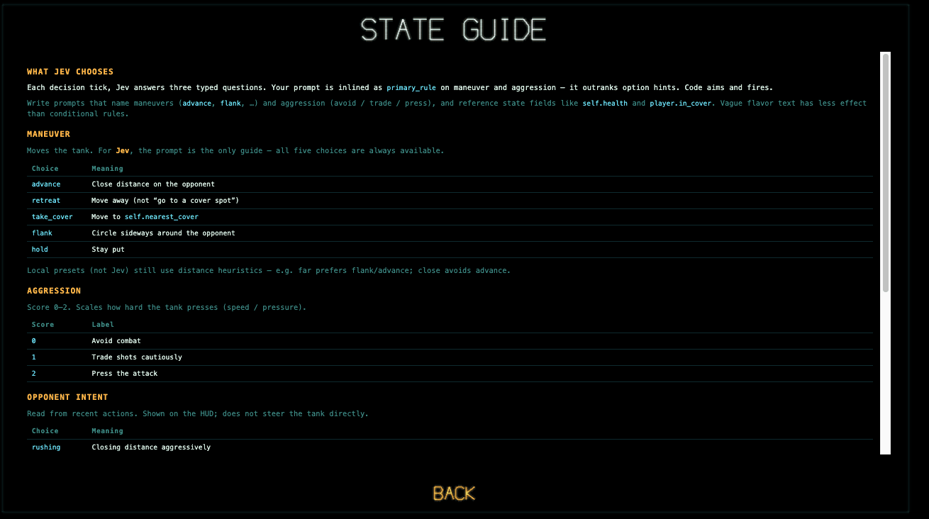 Doctrine State Guide screen describing the available maneuvers, aggression levels, and opponent-intent fields used by the game.