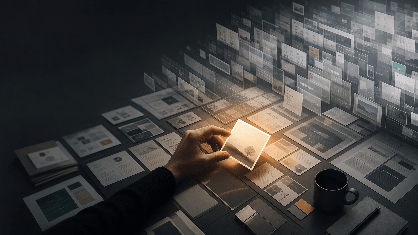 A hand selecting one warm-lit artifact from a desk full of translucent generated prototypes, illustrating taste as the scarce signal when execution gets cheap.