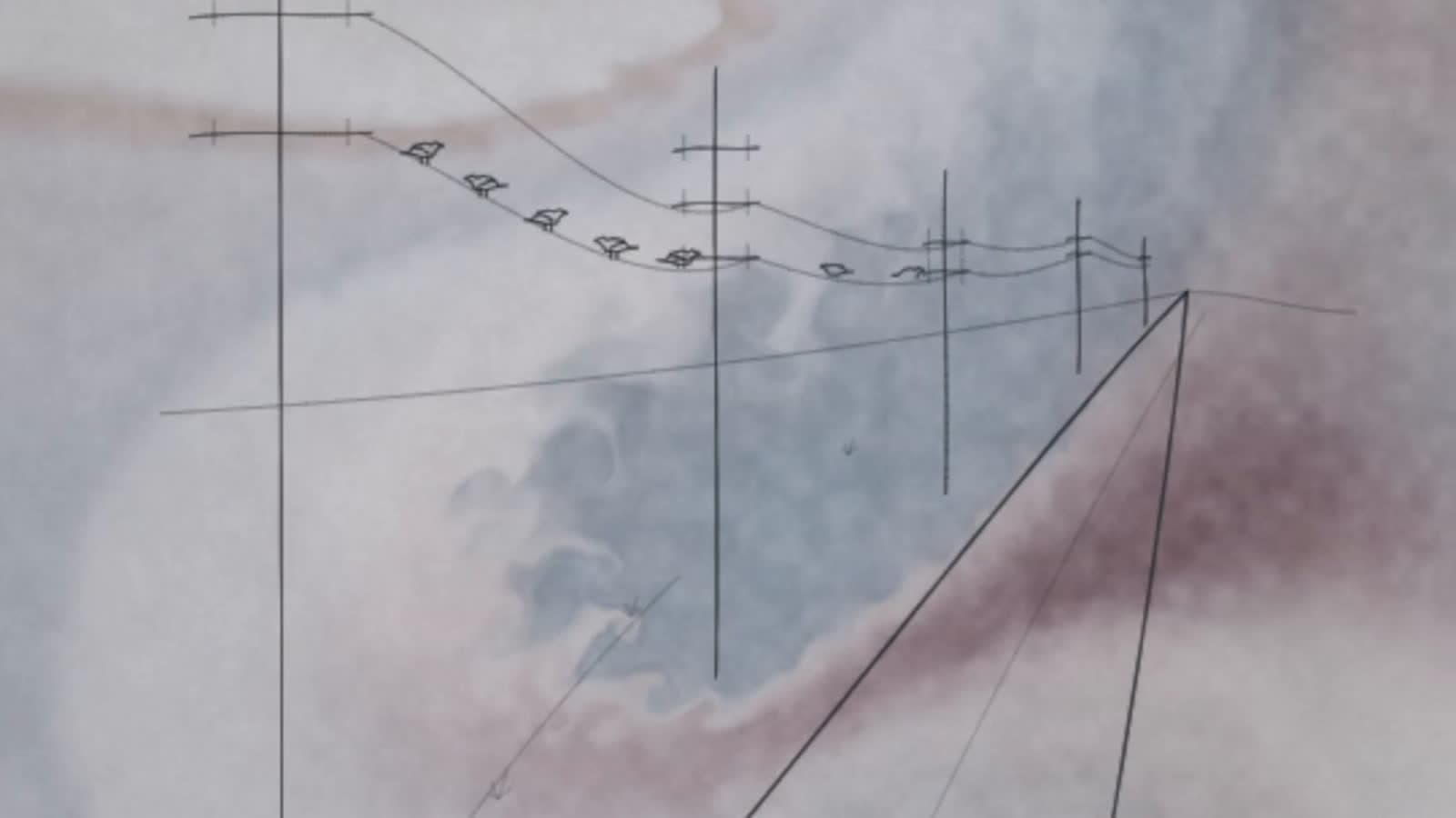 ink flight: hand-drawn power lines with birds over a blue and rust ink wash