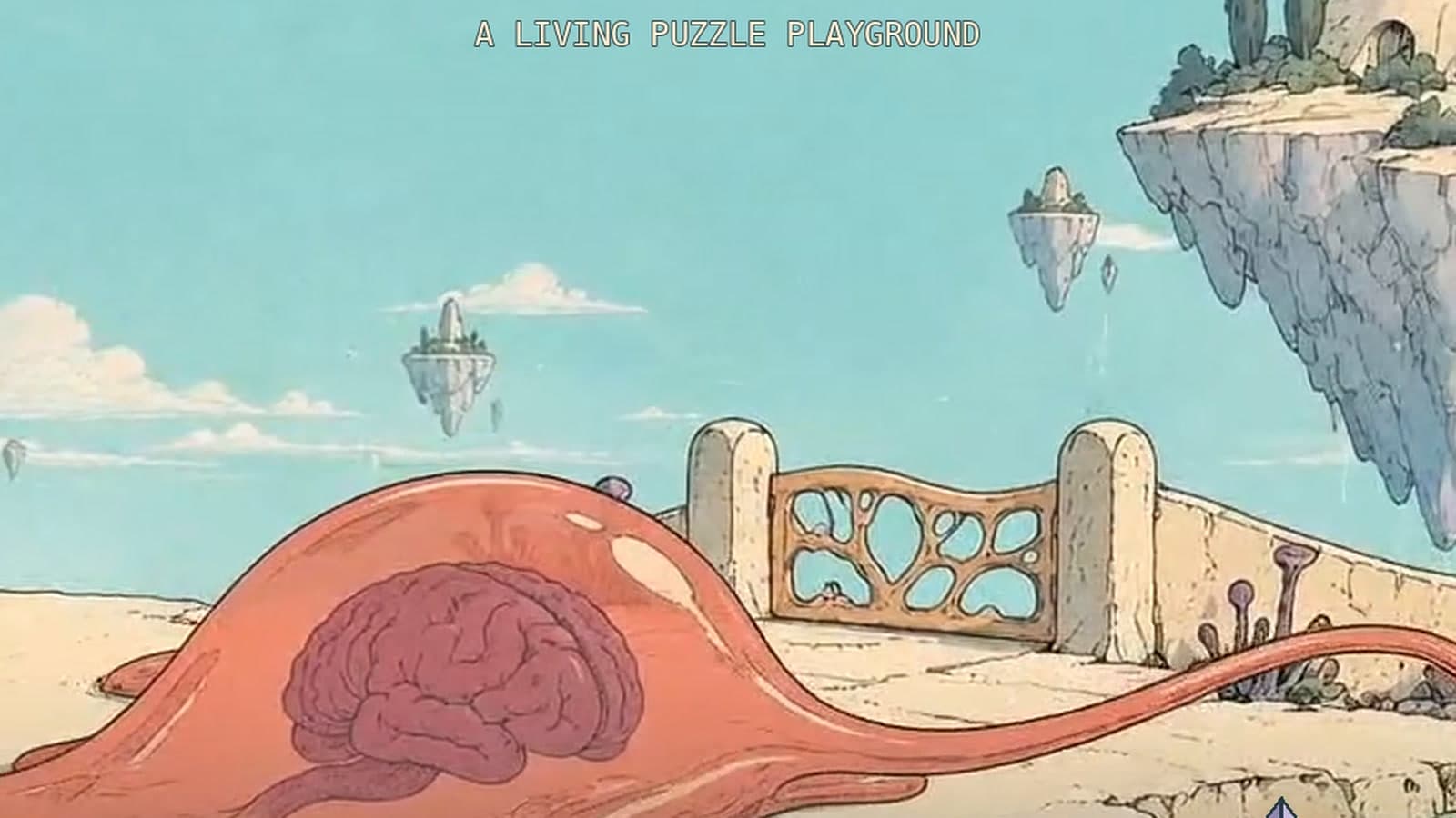 puddle: a pink blob of flesh with a brain inside, resting in front of a floating stone tower under a turquoise sky