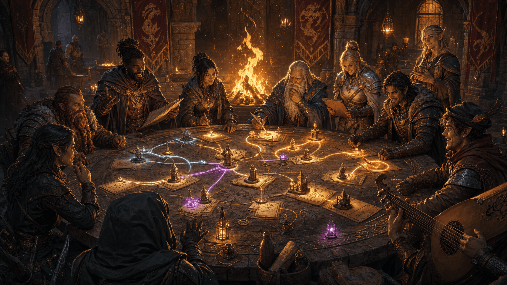 Fantasy guild members gather around a bonfire-lit stone table, reviewing glowing quest paths like a communal planning and review ritual.