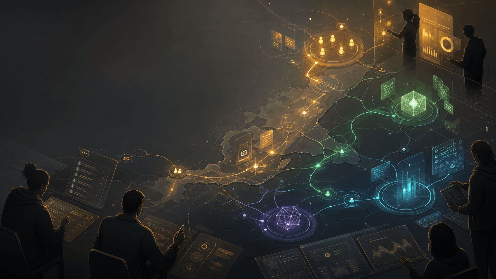 An abstract shared workspace map connecting sessions, artifacts, onboarding, analytics, and community signals.