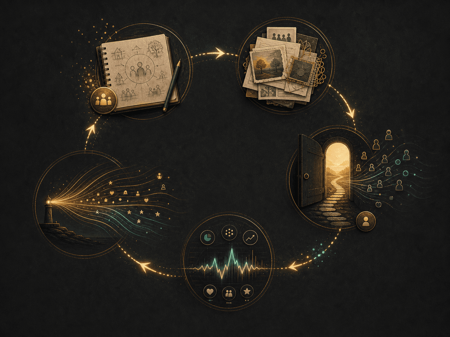 A visual loop showing community work becoming visible, attracting contribution, being measured, and feeding the next update.