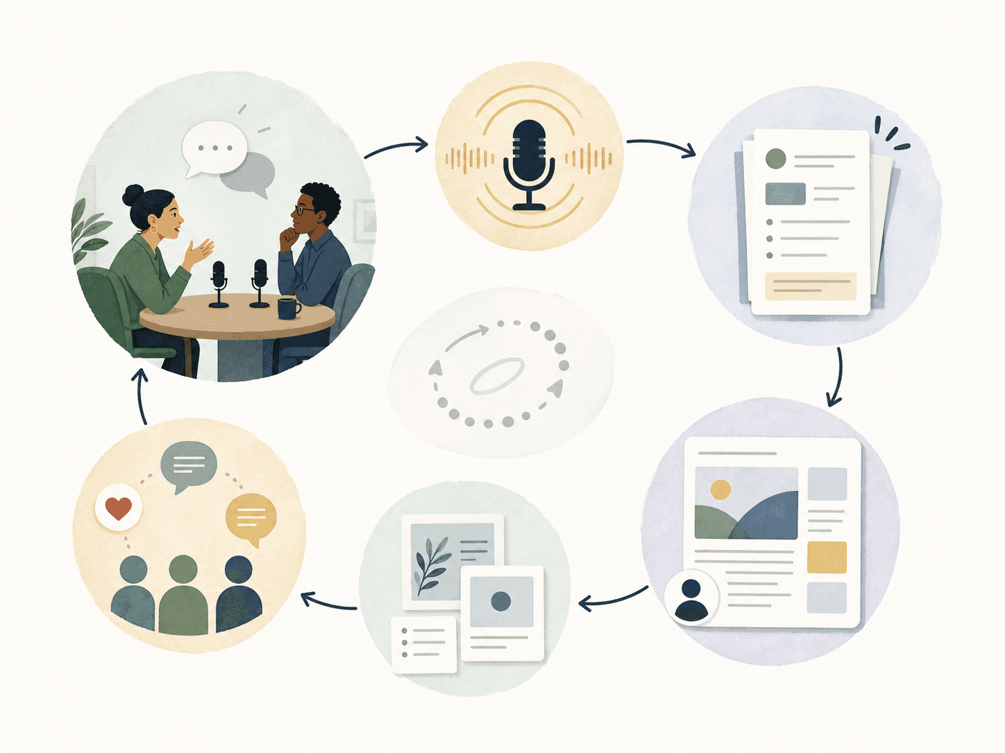 Process illustration showing a fireside conversation becoming artifacts and follow-up content.