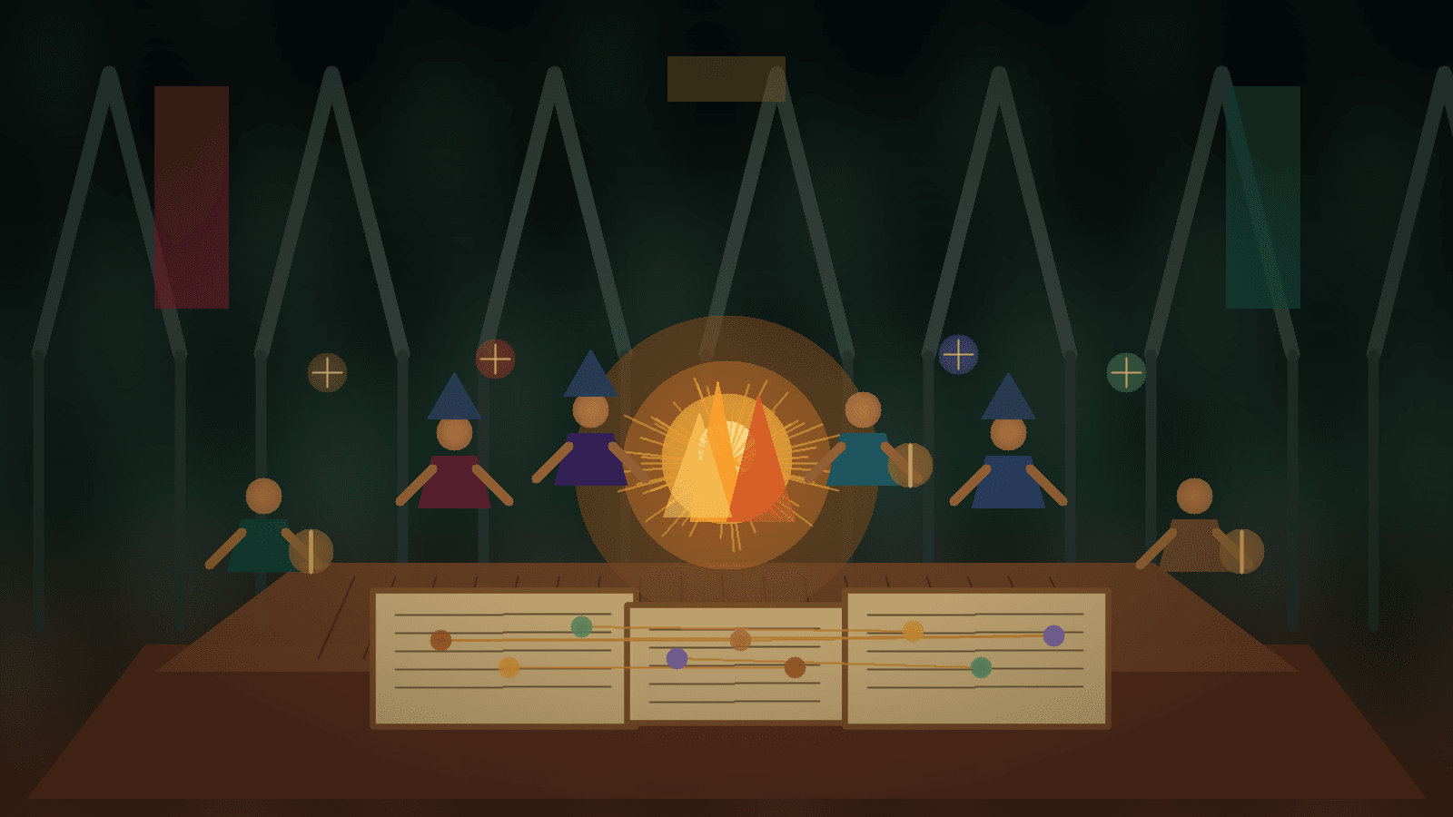 Wizards, warriors, scribes, and guild stewards gather around a bonfire in a stone guild hall, using parchment source maps and colored tokens to match community members by trust, needs, and skills.
