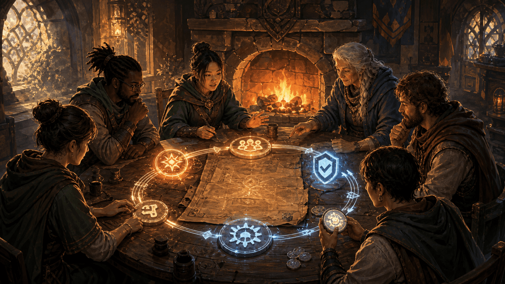 Illustration of maintainers around a warm fireside reviewing open source security issues through a shared repair and verification loop.