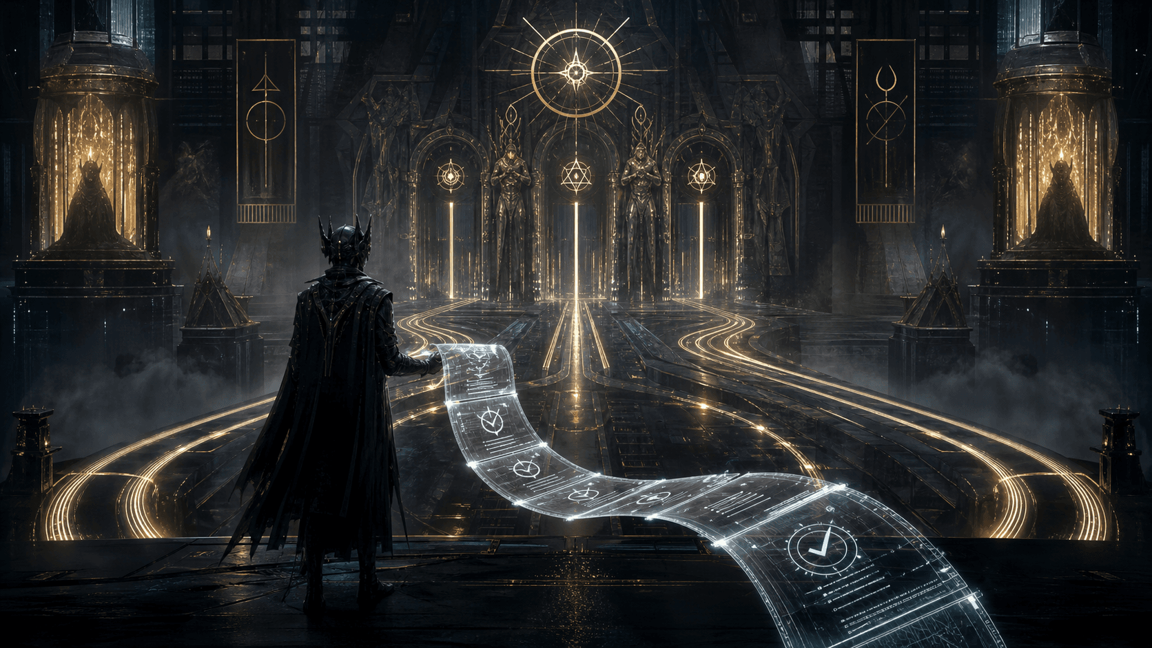 Dark fantasy cyberpunk illustration of Moloch Agent treasury rails and proposal gates.