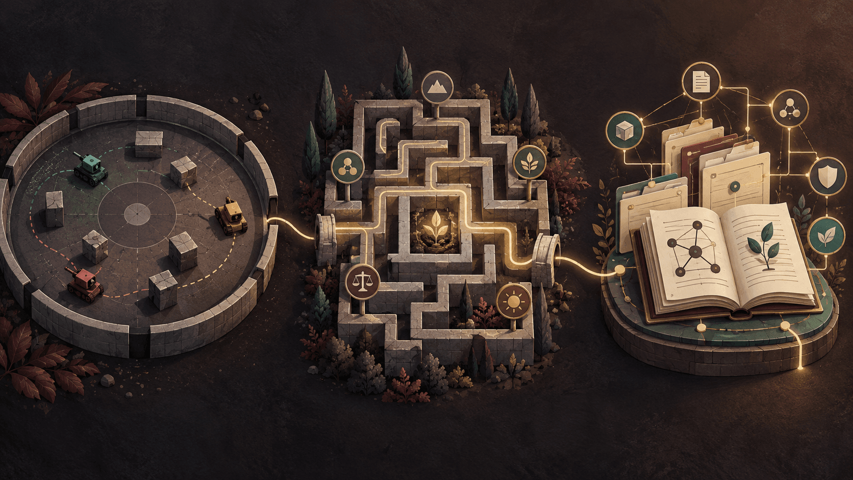 Editorial illustration connecting three bounded semantic-judgment experiments: a tank arena, a maze with symbolic signposts, and an evidence ledger.