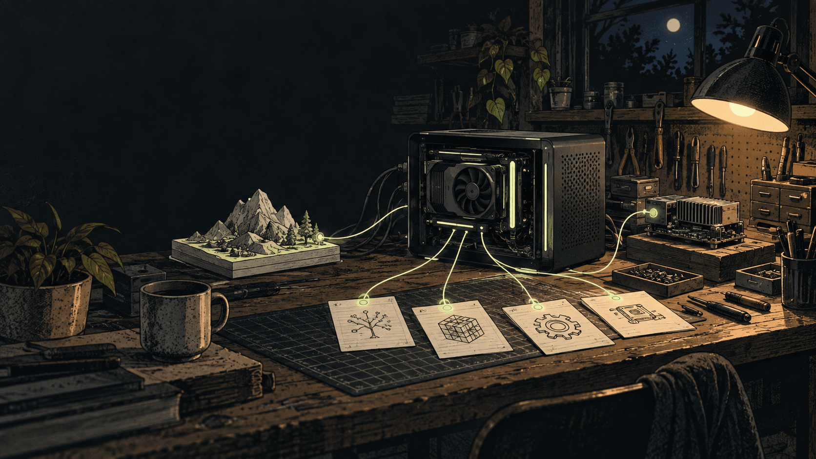 Editorial illustration of a compact local AI workstation at night, with a small GPU machine, cables, and physical model and hardware recipe cards connected by glowing lines.