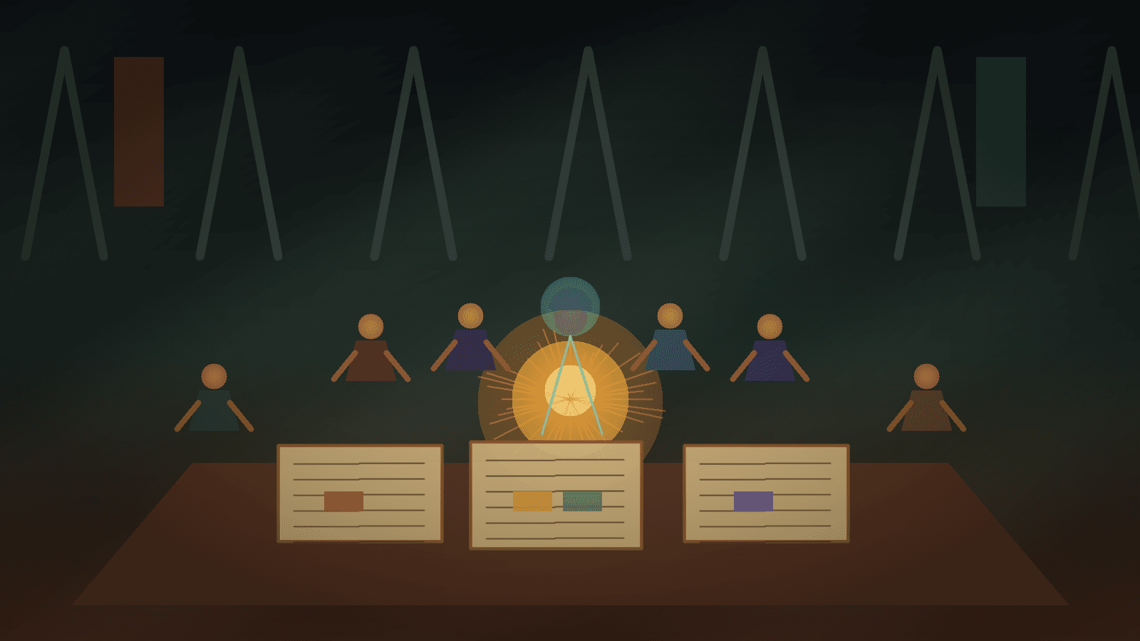 Medieval guild members gather around a hearth, comparing parchment drafts and pigment choices while an arcane glow summarizes options and humans choose the final taste.
