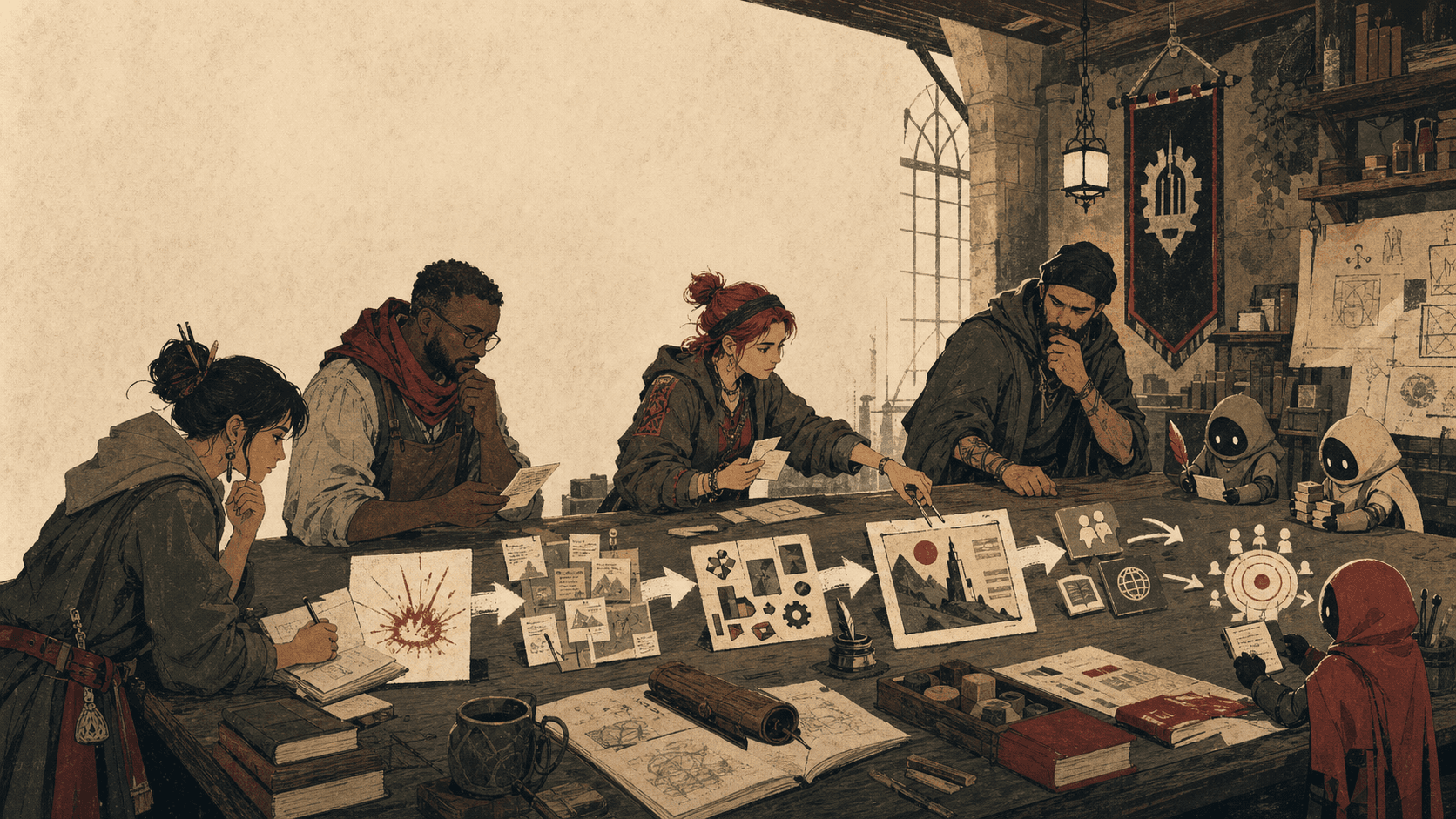A small group of collaborators guides an idea through research, production, distribution, and review with agent assistance.