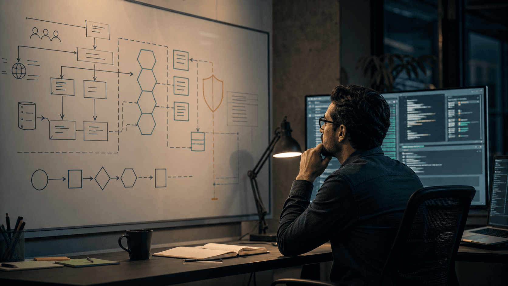 Editorial illustration of an engineer reviewing architecture and deployment surfaces for an AI-assisted coding workflow.