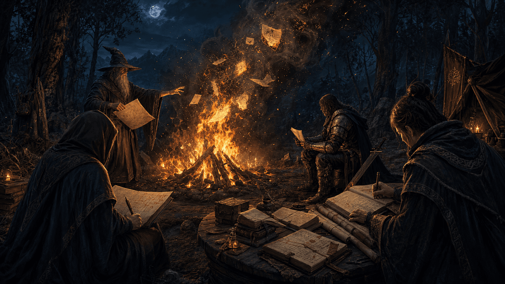 A wizard, warriors, and scribe-editors gather around a night bonfire, reviewing marked parchment notes as weak drafts burn into sparks.
