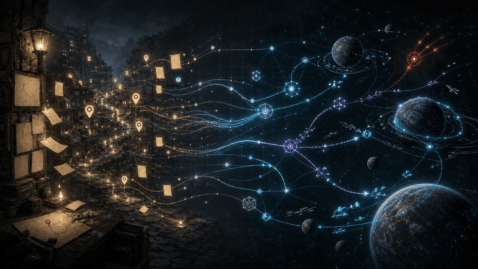 A spatial newspaper signal flowing across an onchain game world into an alliance star map.