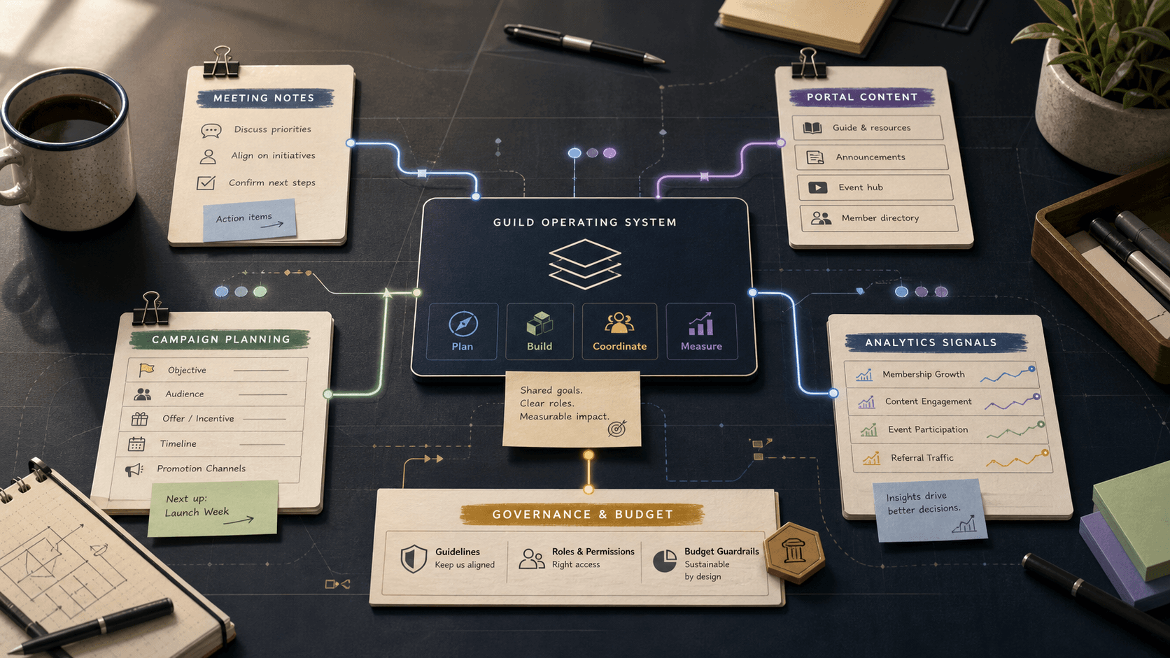 A visual workflow map showing conversations becoming reviewed Portal artifacts, campaign outputs, and measured public signals.