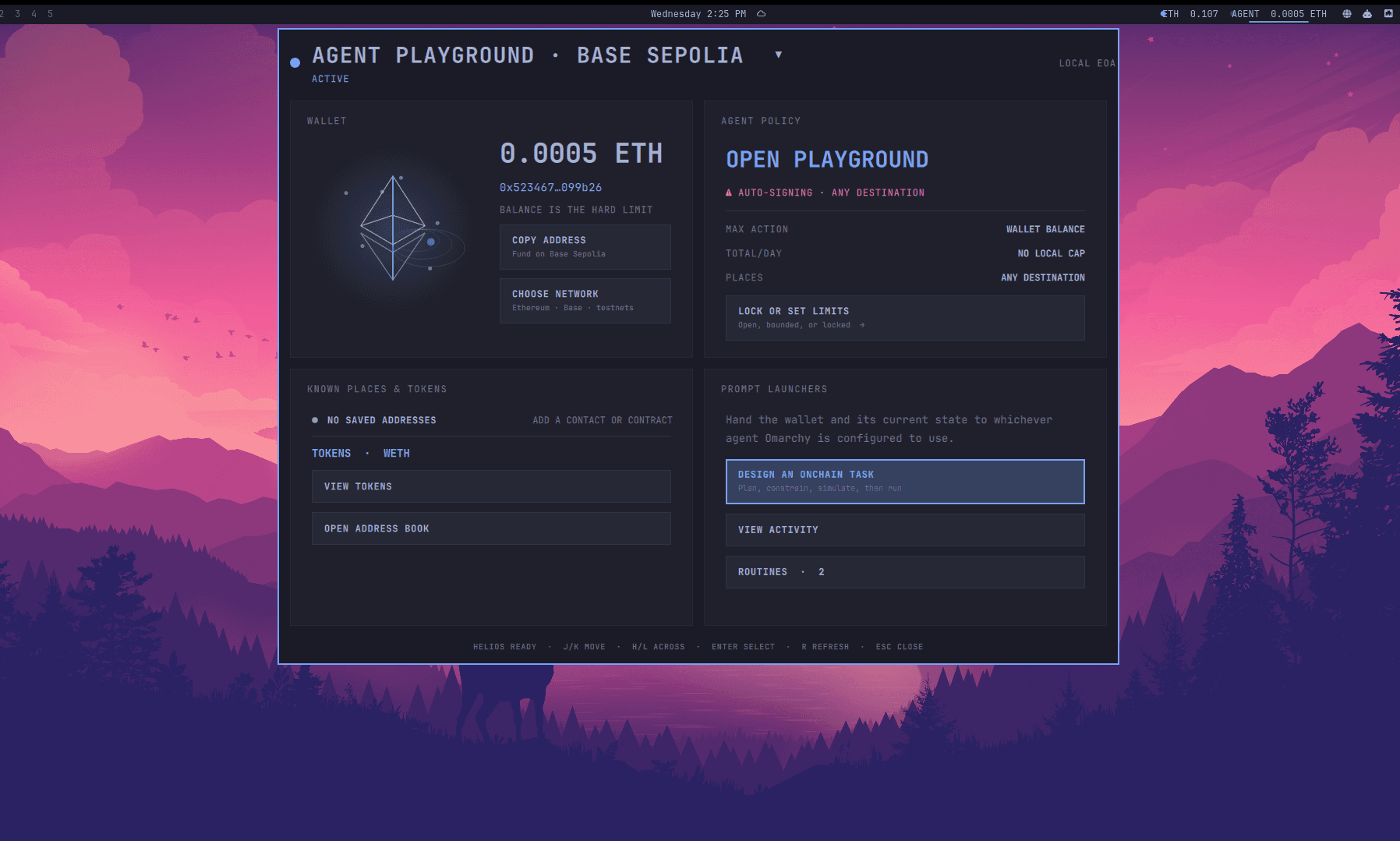 Omarchy Agent Playground showing a Base Sepolia wallet balance, agent policy controls, known places, and prompt launchers.