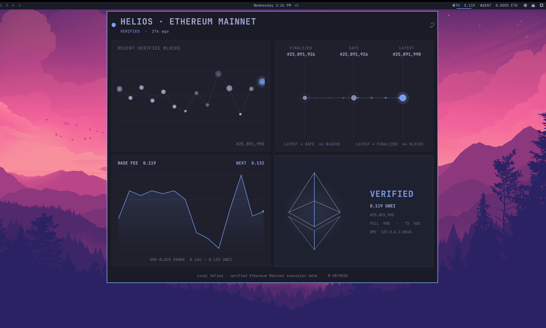 Omarchy Helios dashboard showing verified Ethereum mainnet blocks, finality status, and base-fee data.