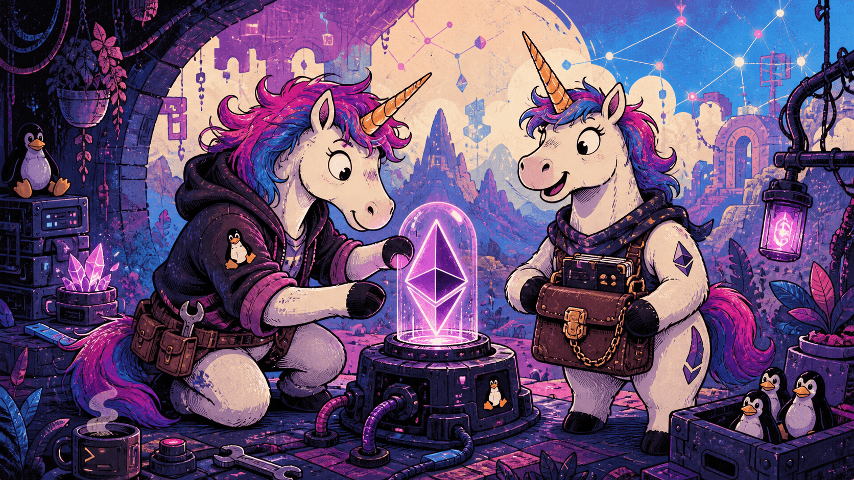 Two unicorn builders experiment with a glowing Ethereum verification beacon in a colorful Linux workshop.