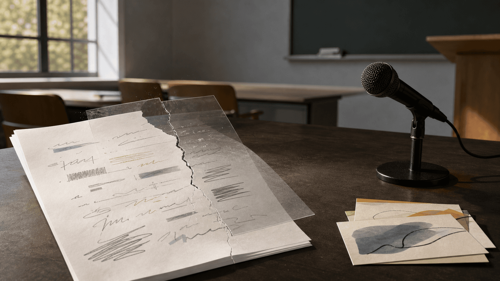 A fractured reflection paper on a classroom table beside a microphone, illustrating proxy collapse in assessment.