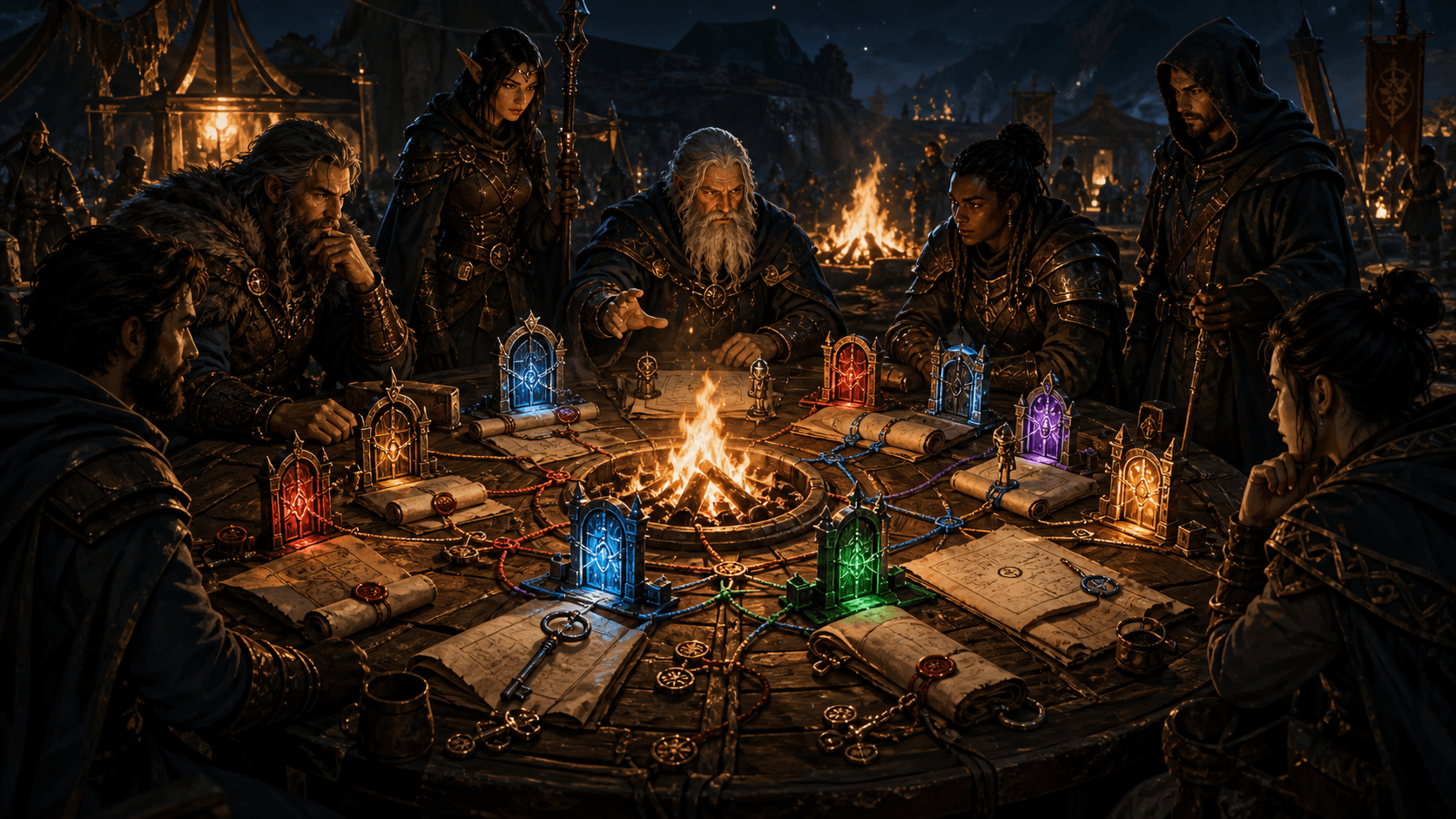 Wizards, warriors, and guild scribes study connected parchment maps and sealed scrolls around a bonfire, with rune keys marking which context can move between teams.