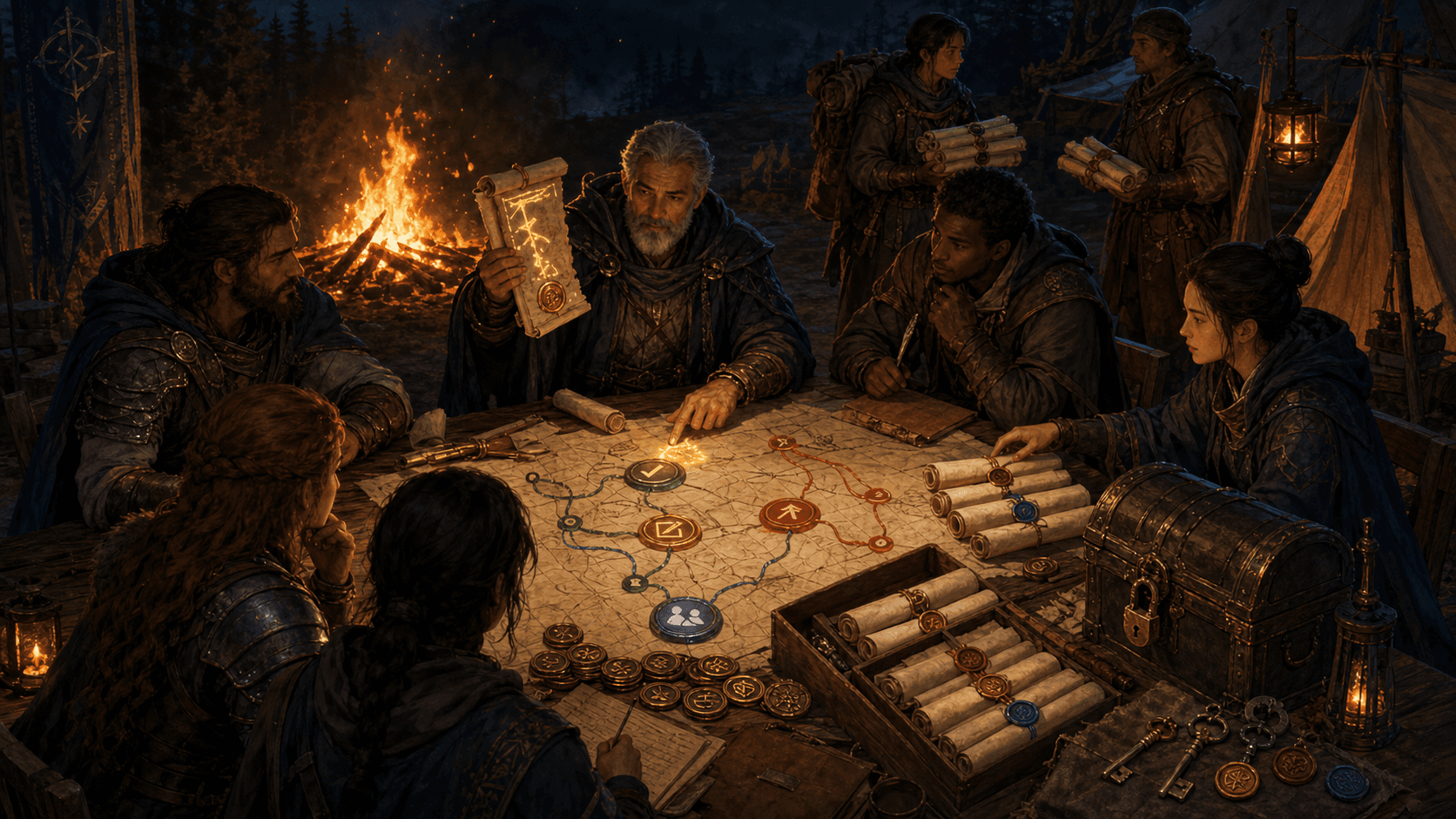 A fantasy guild council reviews glowing support scrolls around a bonfire, with scribes routing requests, approval seals on the table, bronze confidence tokens, parchment maps, and a locked data chest nearby.