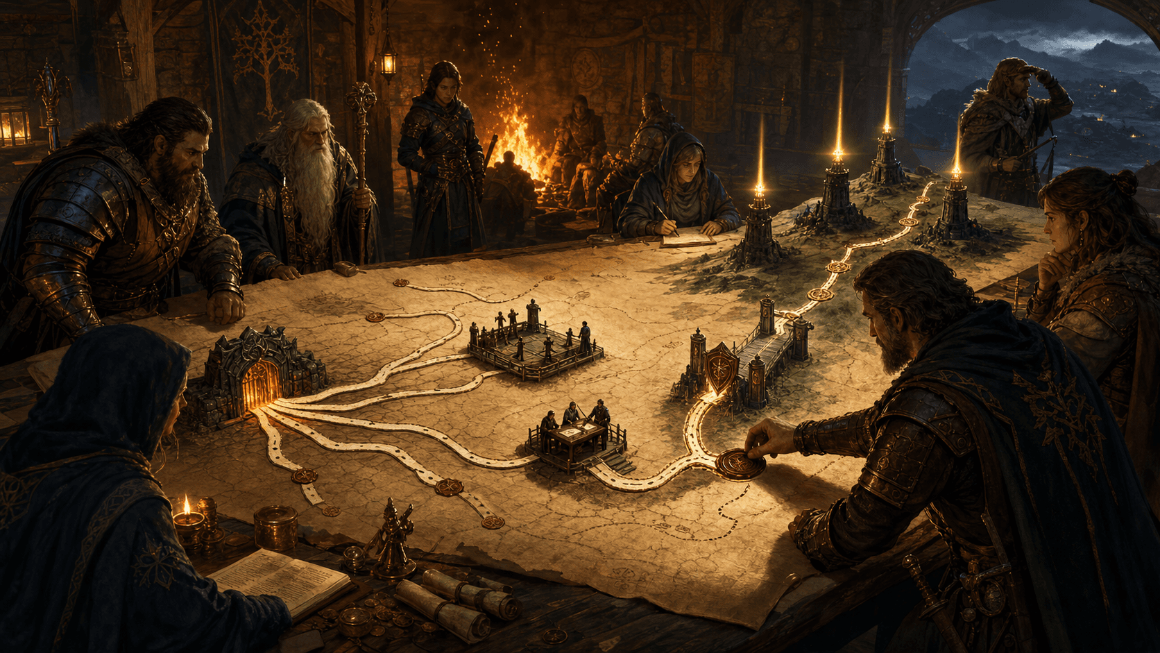 A mythic fireside guild hall where wizards, warriors, scribes, and scouts study a parchment map showing an opened forge gate, branching routes, testing checkpoints, proof seals, and distant signal beacons.