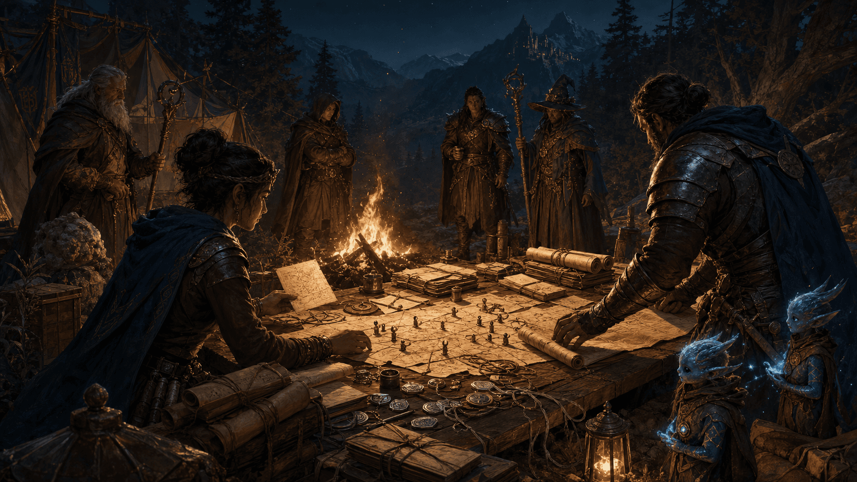 Wizards and warriors sort parchment source maps beside a bonfire while small rune-lit helpers wait for the archive to be organized.