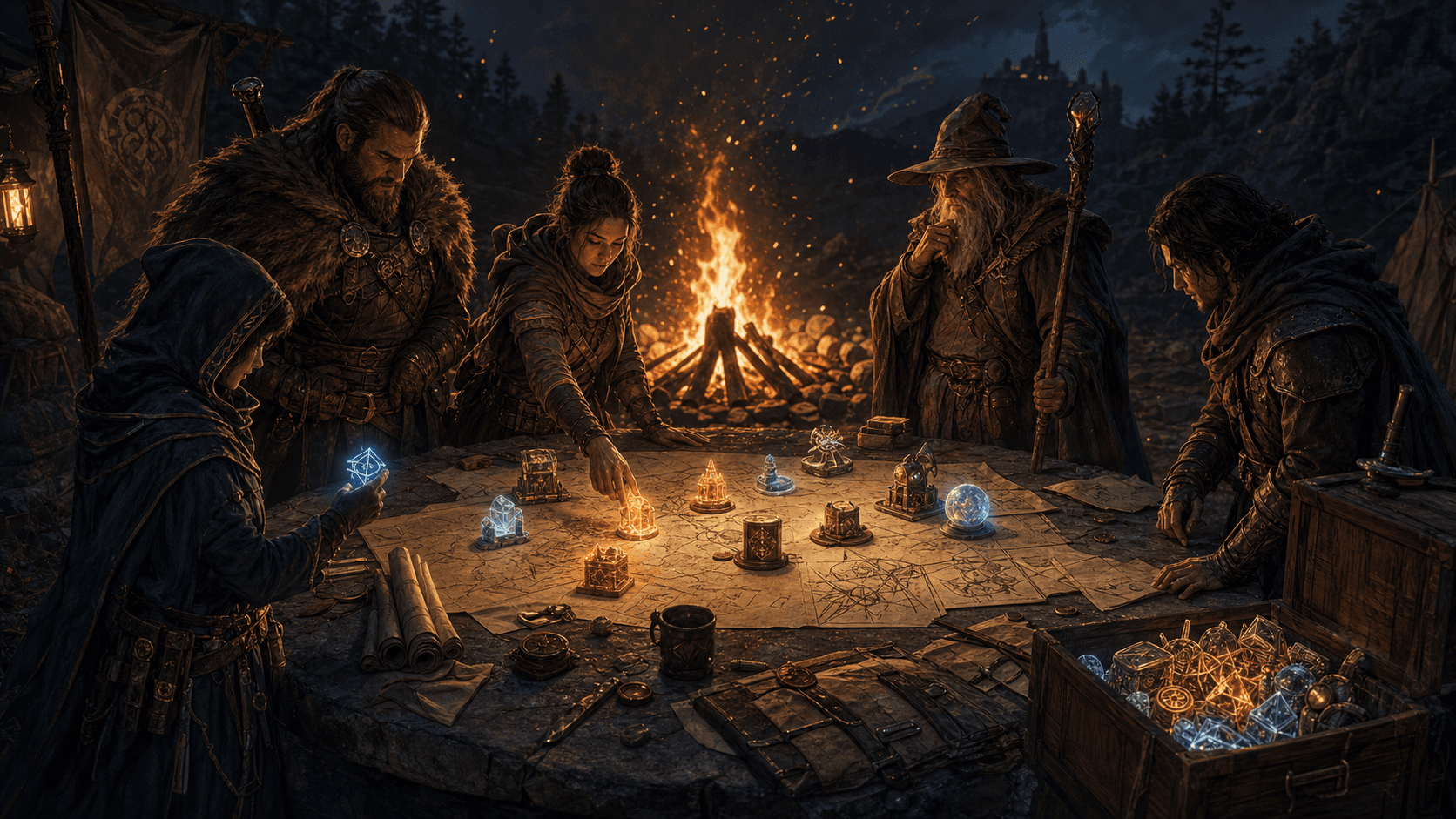 A mythic fireside guild council of wizards and warriors studies glowing prototype artifacts on parchment maps, choosing a few ideas while setting excess pieces aside.