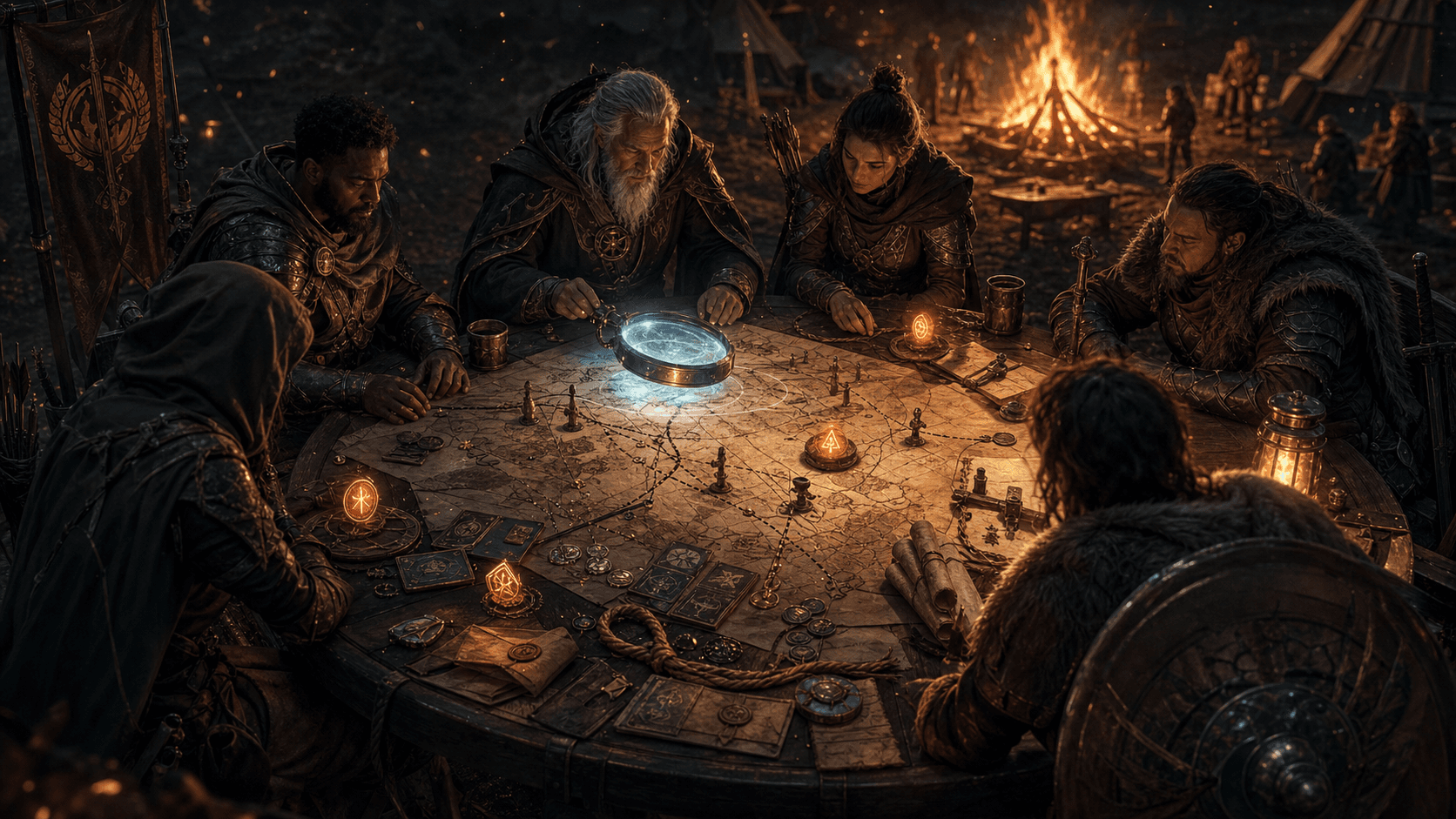 Wizards and warriors gather by a bonfire around a parchment campaign map while a wizard-scribe examines warning runes with an enchanted audit lens.