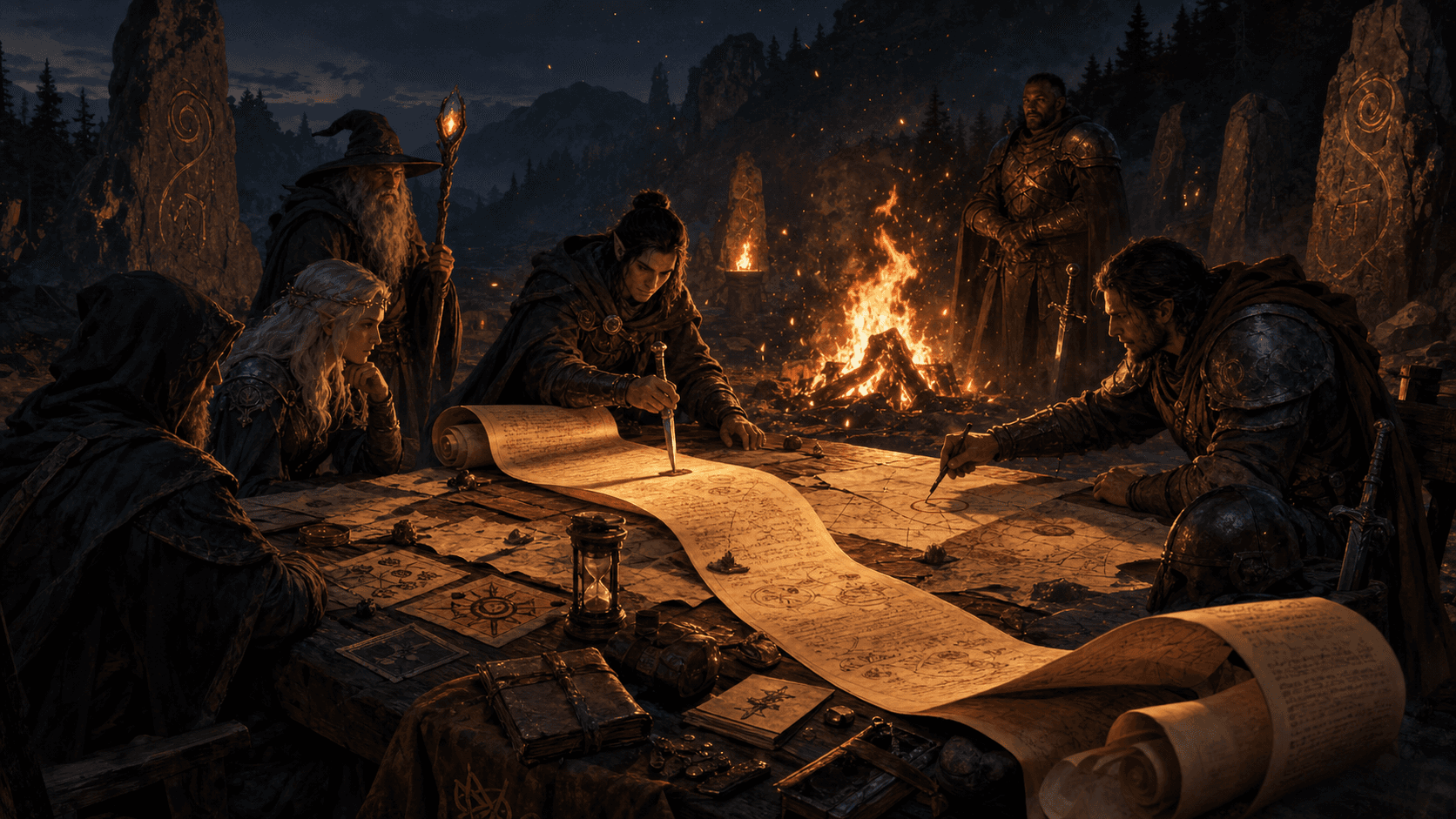 A mythic guild council pins down an endless glowing scroll beside a bonfire, turning runaway ideas into a bounded source map.
