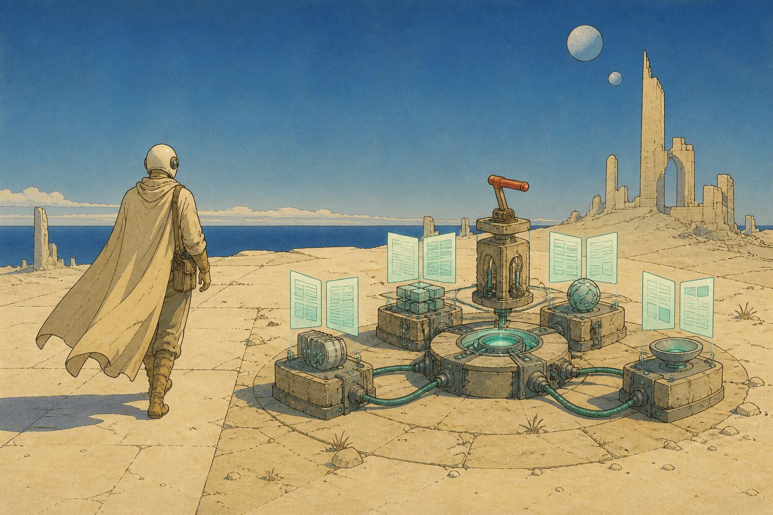 A helmeted builder walks toward a vast blue horizon while a modular stone-and-metal machine continues running behind them, its teal-lit contract tablets, connected components, and red manual veto lever symbolizing durable onchain software with human oversight.
