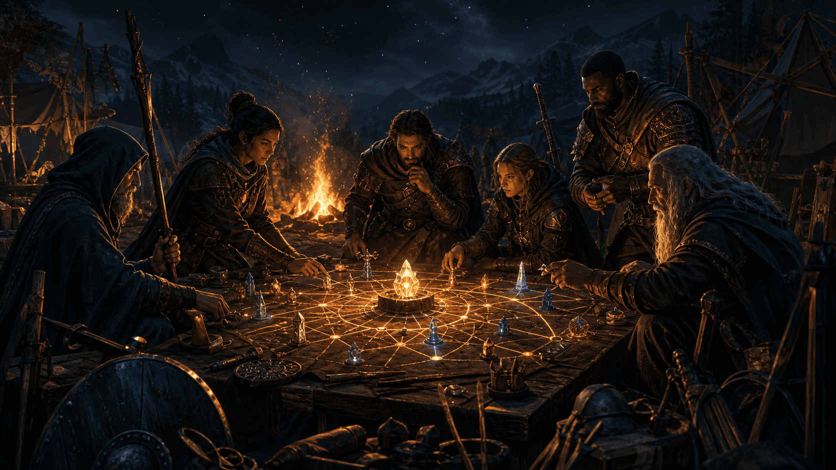 Wizards and warriors gathered around a bonfire-lit strategy table where glowing tokens and connecting lines represent shared state between agent roles.