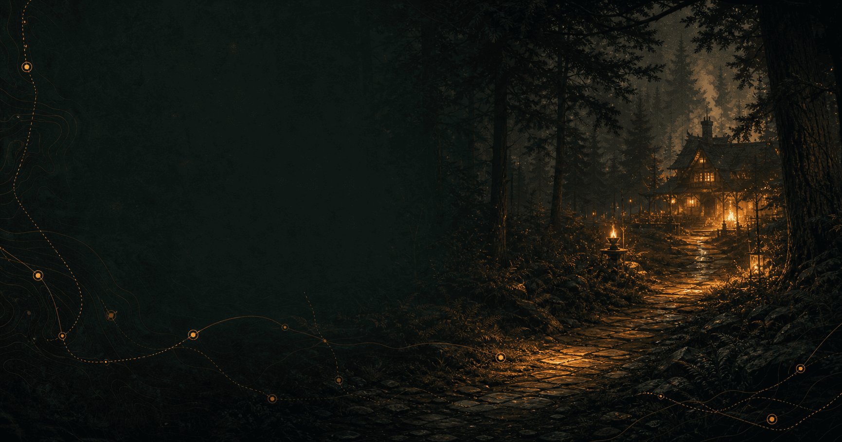 A dark forest path leads toward a warm tavern light, with room for a newsletter headline.