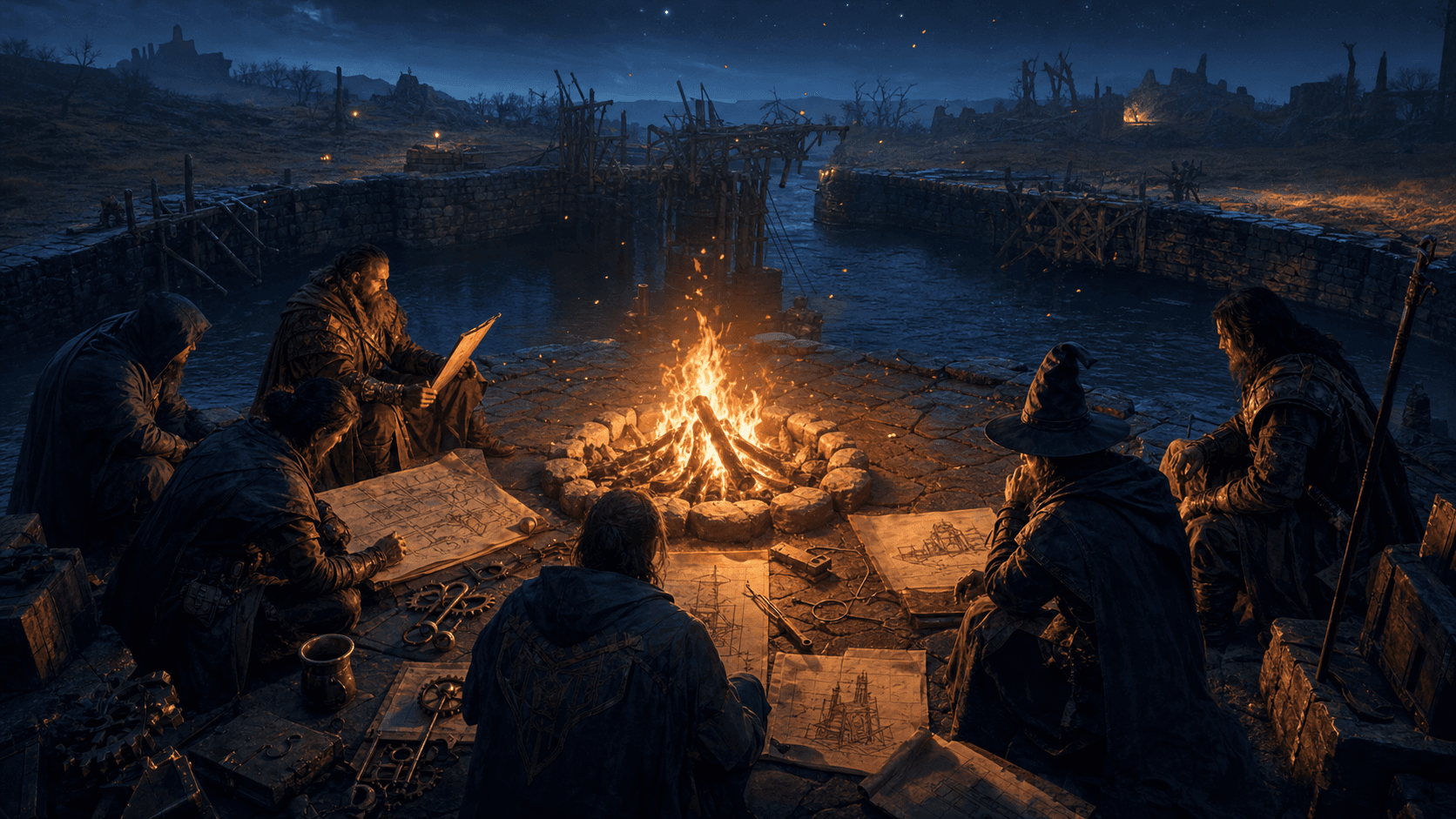 Anonymous wizards and warriors study maps and tools around a bonfire beside a dark moat, suggesting difficult product friction as a path to durable builder work.